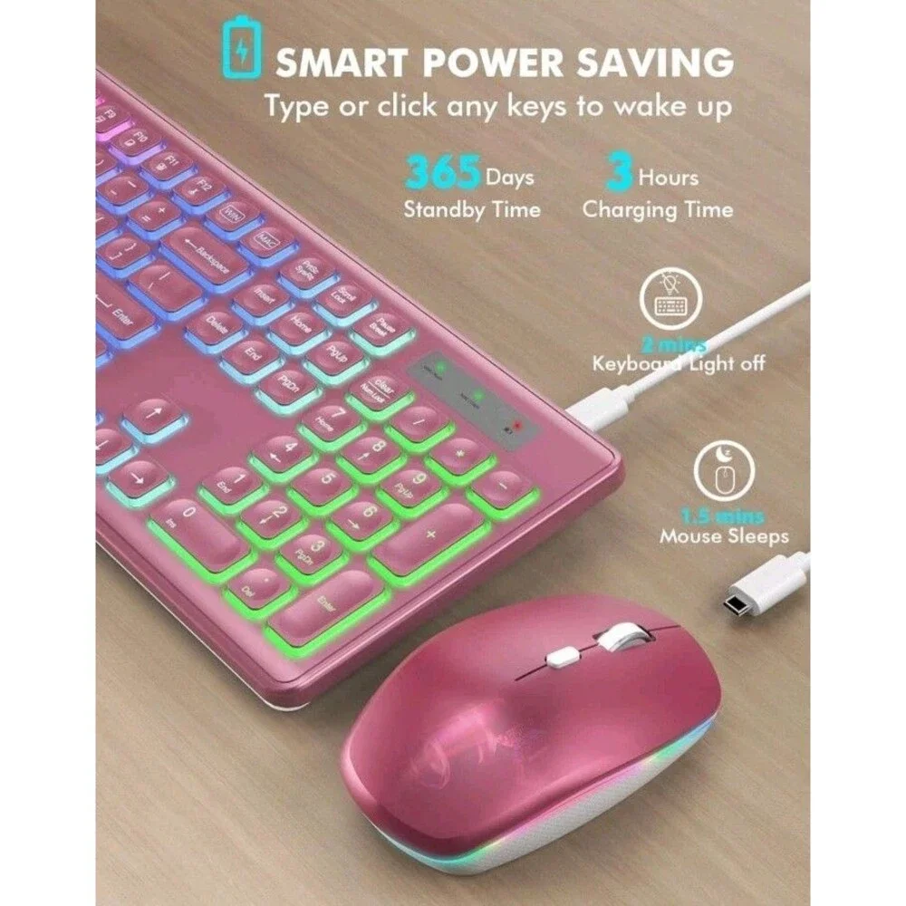 Wireless Keyboard and Mouse Combo, RGB Backlit Rechargeable Soft Typing Wine Red